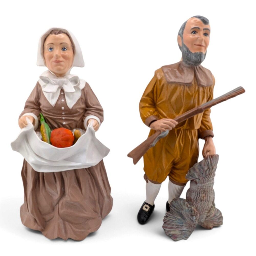 Vintage 1995 Hand Painted Ceramic Pilgrim Couple Thanksgiving Figurines 10.5"